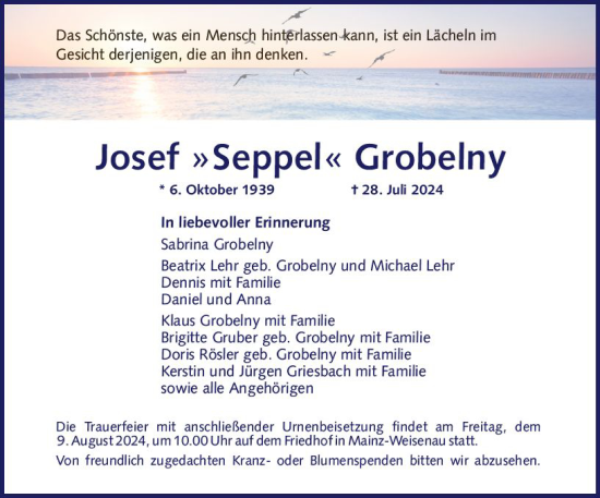 Traueranzeige von Josef Grobelny von Allgemeine Zeitung Mainz