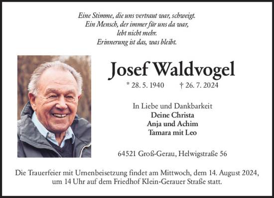 Traueranzeige von Josef Waldvogel von Groß-Gerauer Echo