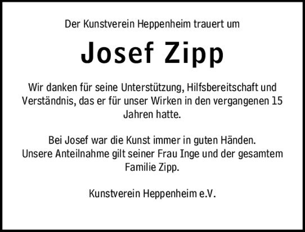  Traueranzeige für Josef Zipp vom 24.08.2024 aus Südhessen Morgen