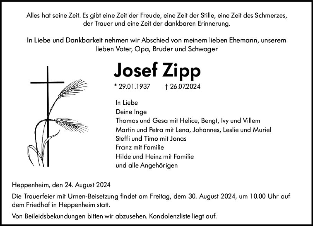  Traueranzeige für Josef Zipp vom 24.08.2024 aus Starkenburger Echo