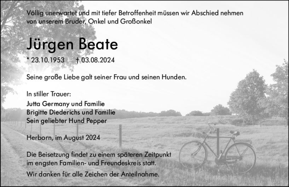  Traueranzeige für Jürgen Beate vom 16.08.2024 aus Dill Block