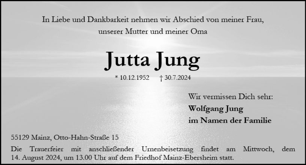  Traueranzeige für Jutta Jung vom 03.08.2024 aus Allgemeine Zeitung Mainz