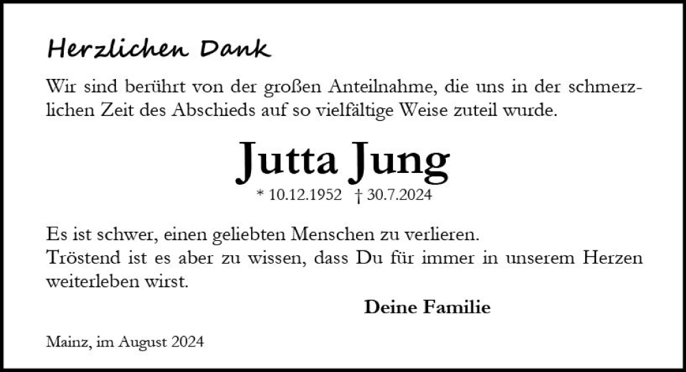  Traueranzeige für Jutta Jung vom 24.08.2024 aus Allgemeine Zeitung Mainz