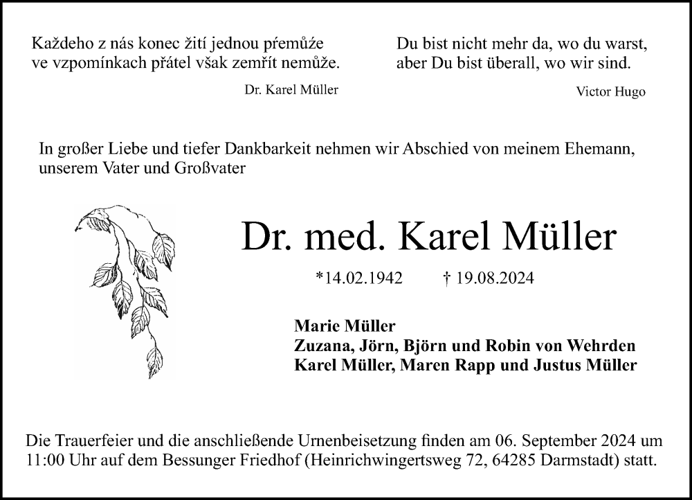  Traueranzeige für Karel Müller vom 31.08.2024 aus Darmstädter Echo