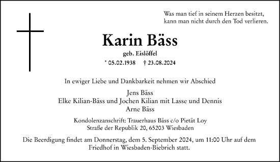 Traueranzeige von Karin Bäss von Wiesbadener Kurier