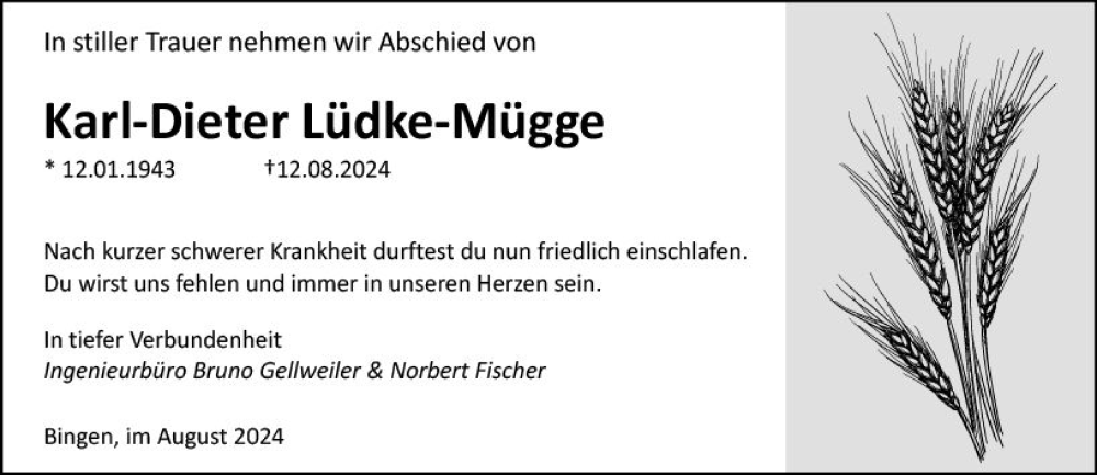  Traueranzeige für Karl-Dieter Lüdke-Mügge vom 24.08.2024 aus Binger-/Ingelheimer Wochenblatt