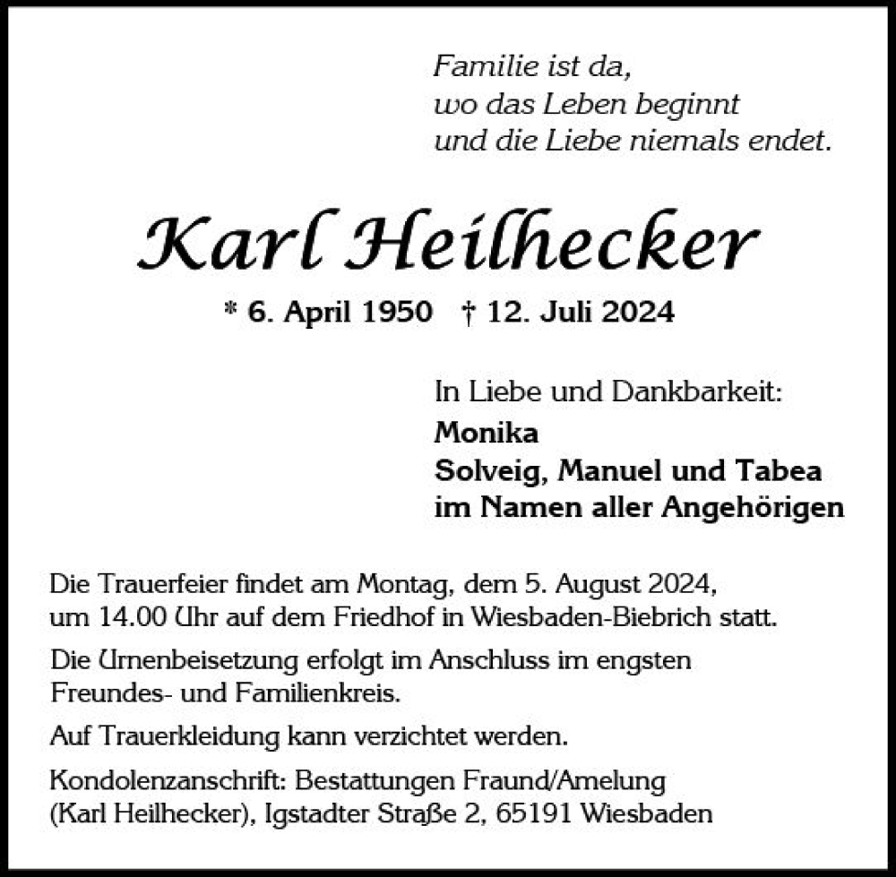  Traueranzeige für Karl Heilhecker vom 03.08.2024 aus Wiesbadener Kurier