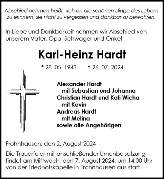 Traueranzeige von Karl-Heinz Hardt von Dill Block
