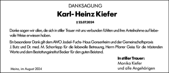 Traueranzeige von Karl- Heinz Kiefer von Allgemeine Zeitung Mainz
