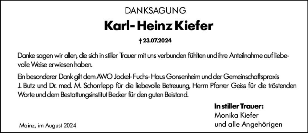  Traueranzeige für Karl- Heinz Kiefer vom 17.08.2024 aus Allgemeine Zeitung Mainz