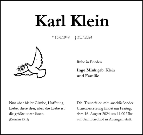 Traueranzeige von Karl Klein von Wiesbadener Kurier