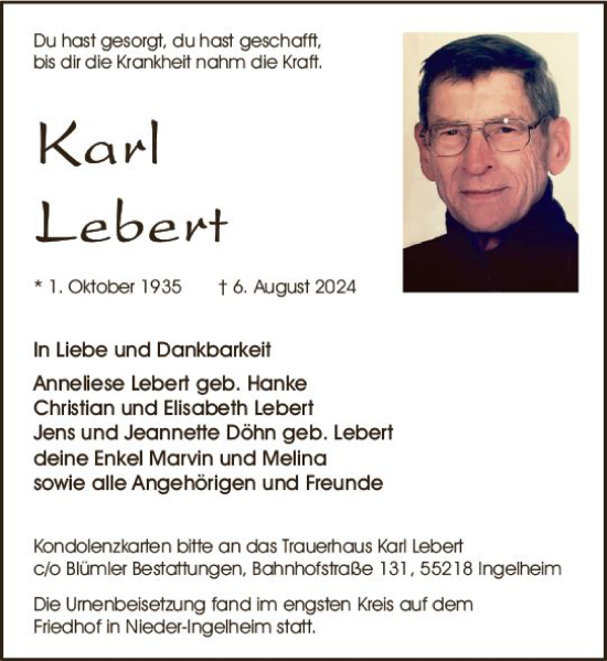 Traueranzeige von Karl Lebert von Allgemeine Zeitung Rheinhessen-Nahe