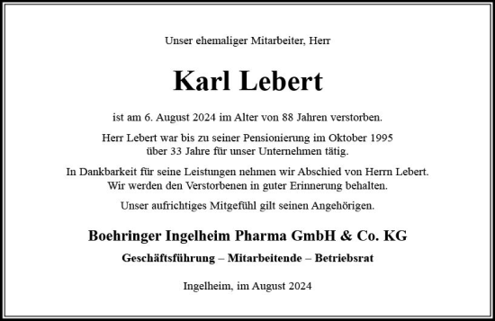 Traueranzeige von Karl Lebert von Allgemeine Zeitung Rheinhessen-Nahe