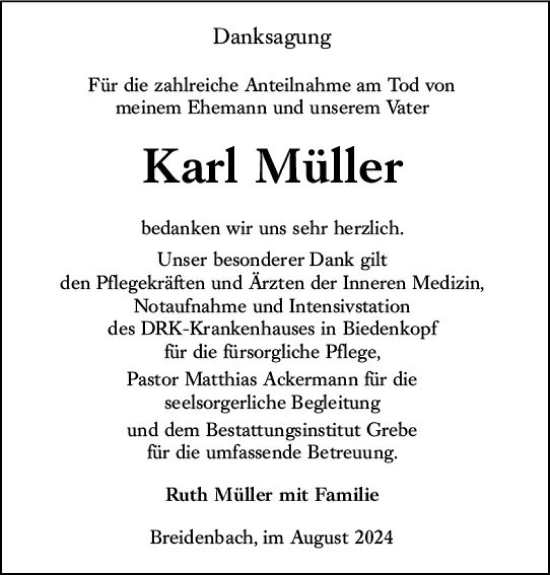Traueranzeige von Karl Müller von Hinterländer Anzeiger
