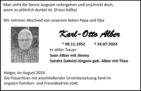 Traueranzeige von Karl-Otto Alber von Dill Block