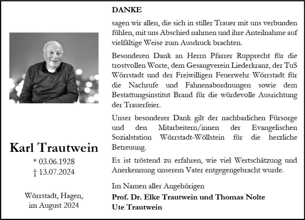  Traueranzeige für Karl Trautwein vom 24.08.2024 aus Allgemeine Zeitung Alzey