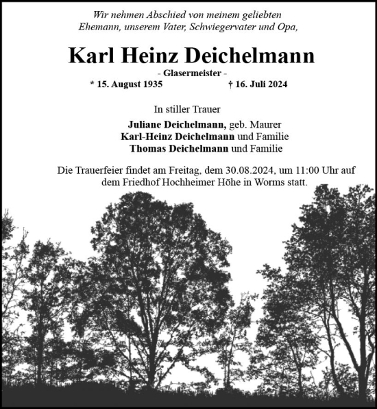 Traueranzeige von Karl Heinz Deichelmann von Wormser Zeitung