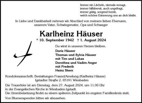 Traueranzeige von Karlheinz Häuser von Wiesbadener Kurier