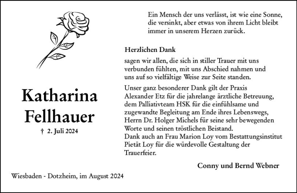  Traueranzeige für Katharina Fellhauer vom 24.08.2024 aus Wiesbadener Kurier