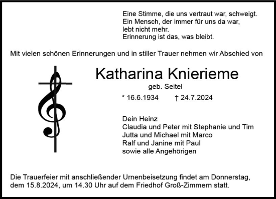 Traueranzeige von Katharina Knierieme von Dieburger Anzeiger/Groß-Zimmerner Lokal-Anzeiger