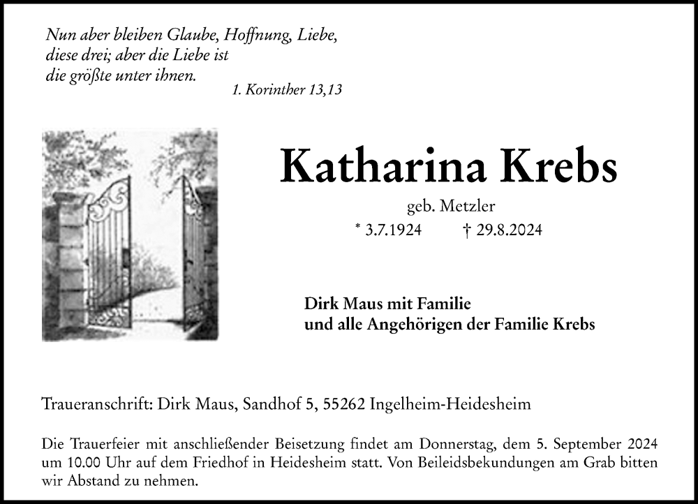  Traueranzeige für Katharina Krebs vom 31.08.2024 aus Allgemeine Zeitung Rheinhessen-Nahe