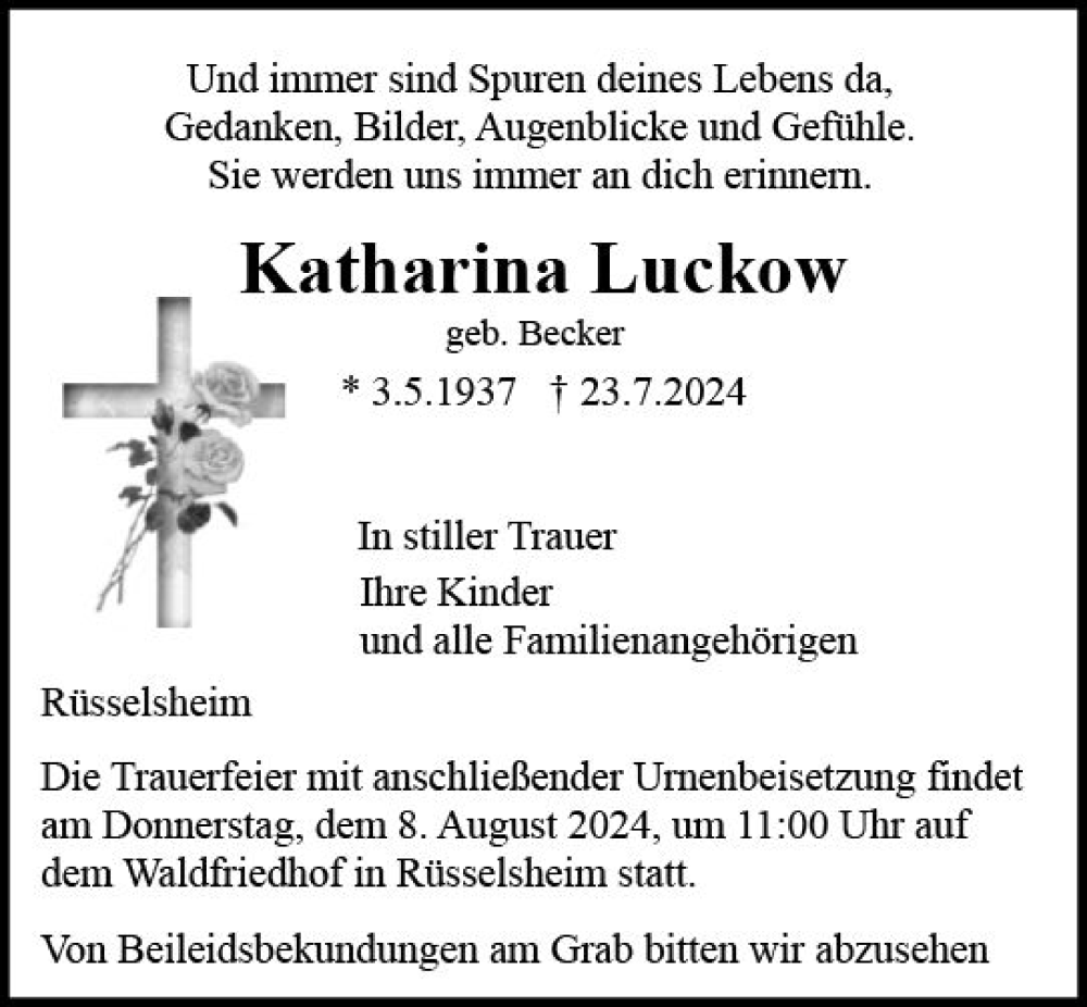  Traueranzeige für Katharina Luckow vom 03.08.2024 aus Rüsselsheimer Echo