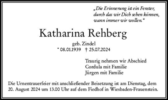 Traueranzeige von Katharina Rehberg von Wiesbadener Kurier