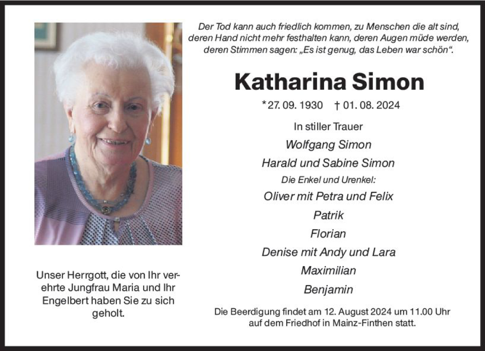  Traueranzeige für Katharina Simon vom 07.08.2024 aus Allgemeine Zeitung Mainz