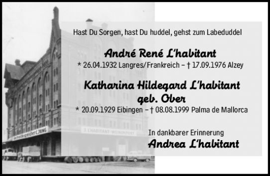 Traueranzeige von Katharina Hildegrad Lhabitant von Allgemeine Zeitung Rheinhessen-Nahe