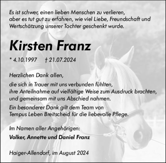 Traueranzeige von Kirsten Franz von Dill Block