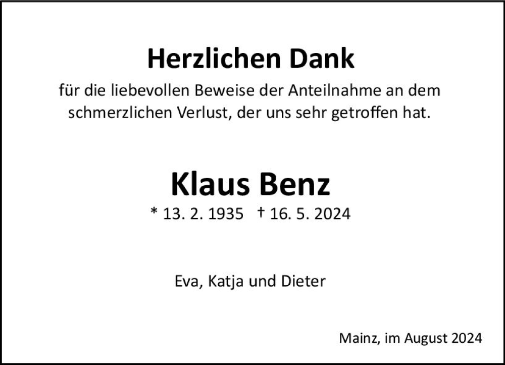  Traueranzeige für Klaus Benz vom 17.08.2024 aus Allgemeine Zeitung Mainz
