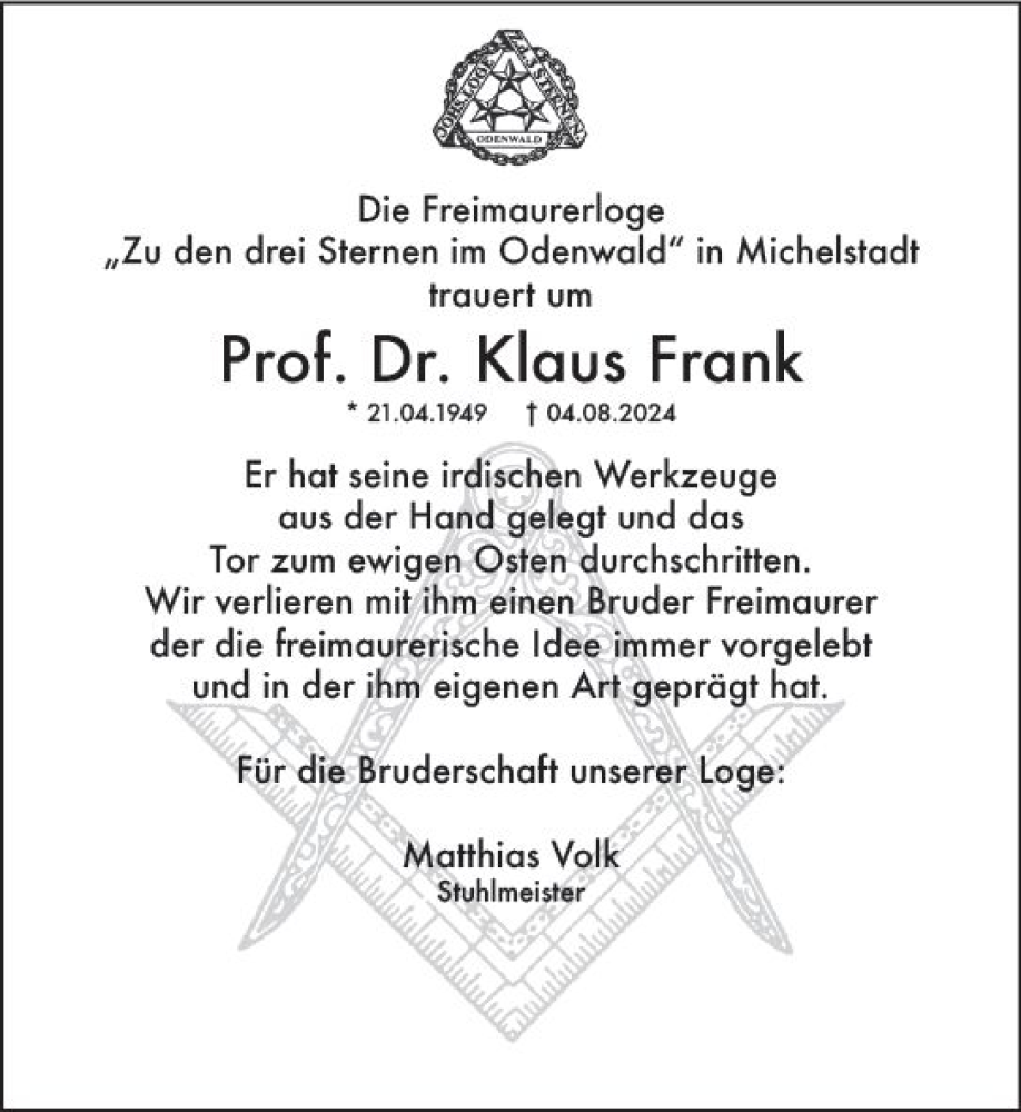  Traueranzeige für Klaus Frank vom 24.08.2024 aus Odenwälder Echo