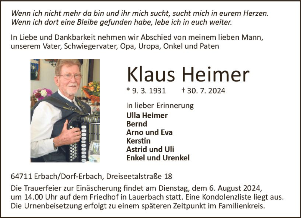  Traueranzeige für Klaus Heimer vom 03.08.2024 aus Odenwälder Echo