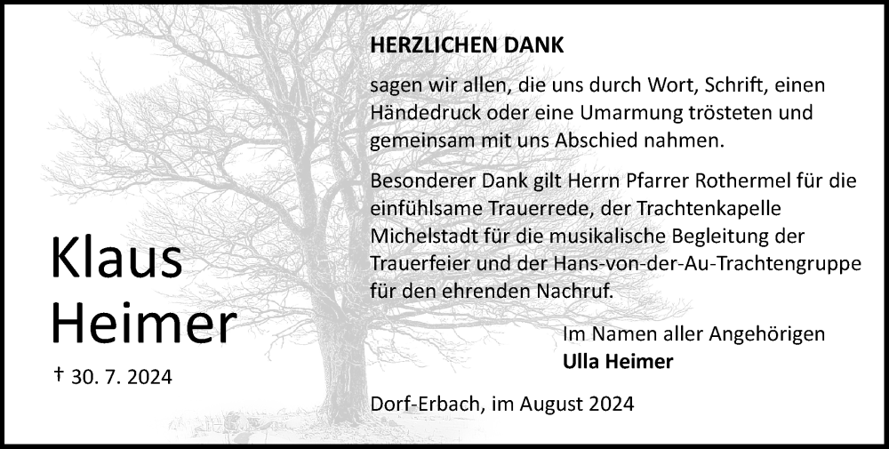  Traueranzeige für Klaus Heimer vom 31.08.2024 aus Odenwälder Echo