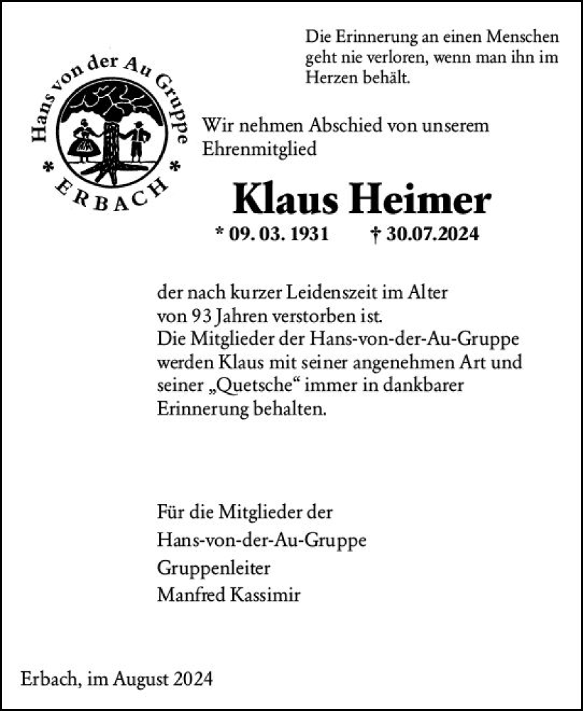  Traueranzeige für Klaus Heimer vom 10.08.2024 aus Odenwälder Echo