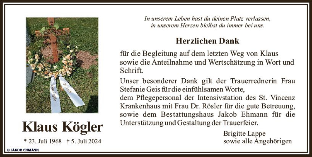  Traueranzeige für Klaus Kögler vom 10.08.2024 aus Nassauische Neue Presse