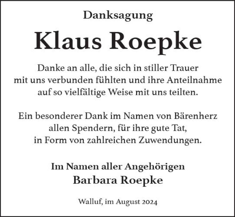  Traueranzeige für Klaus Roepke vom 10.08.2024 aus Wiesbadener Kurier
