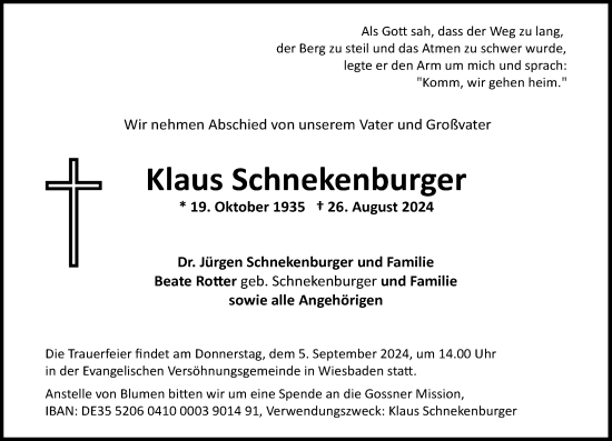 Traueranzeige von Klaus Schnekenburger von Wiesbadener Kurier