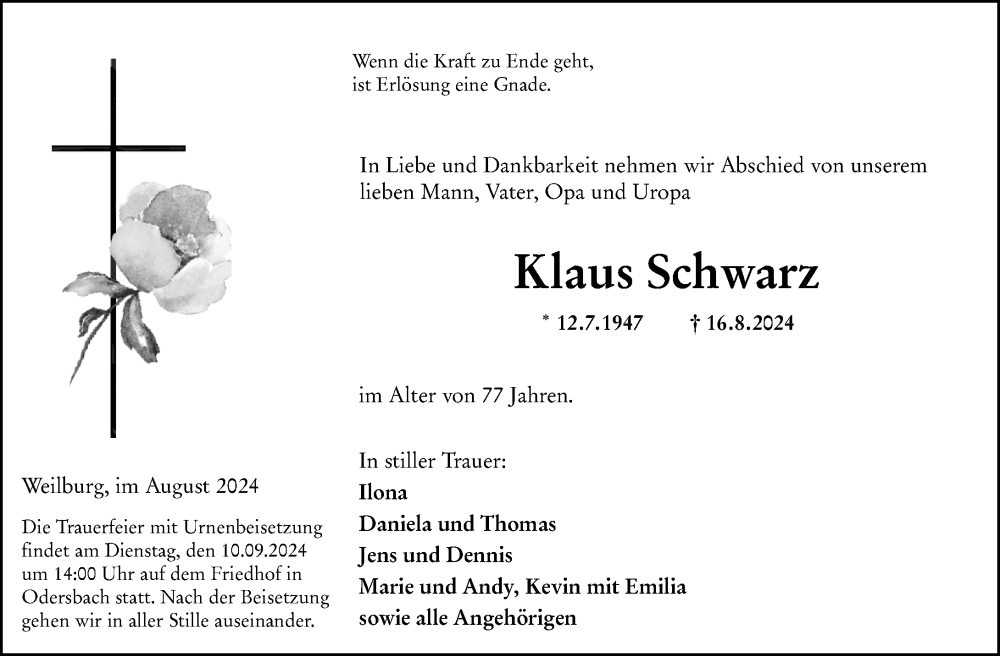  Traueranzeige für Klaus Schwarz vom 31.08.2024 aus Weilburger Tageblatt