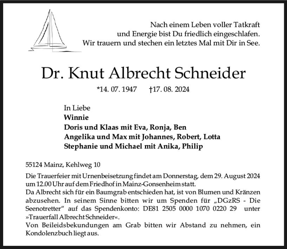  Traueranzeige für Knut Schneider vom 24.08.2024 aus Allgemeine Zeitung Mainz