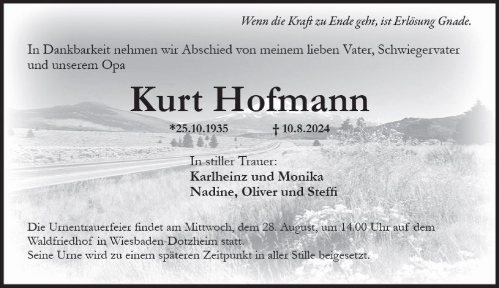 Traueranzeige für Kurt Hofmann vom 17.08.2024 aus Wiesbadener Kurier