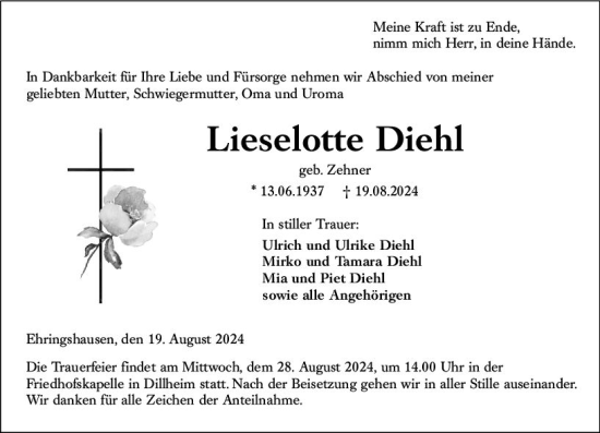 Traueranzeige von Lieselotte Diehl von Wetzlarer Neue Zeitung