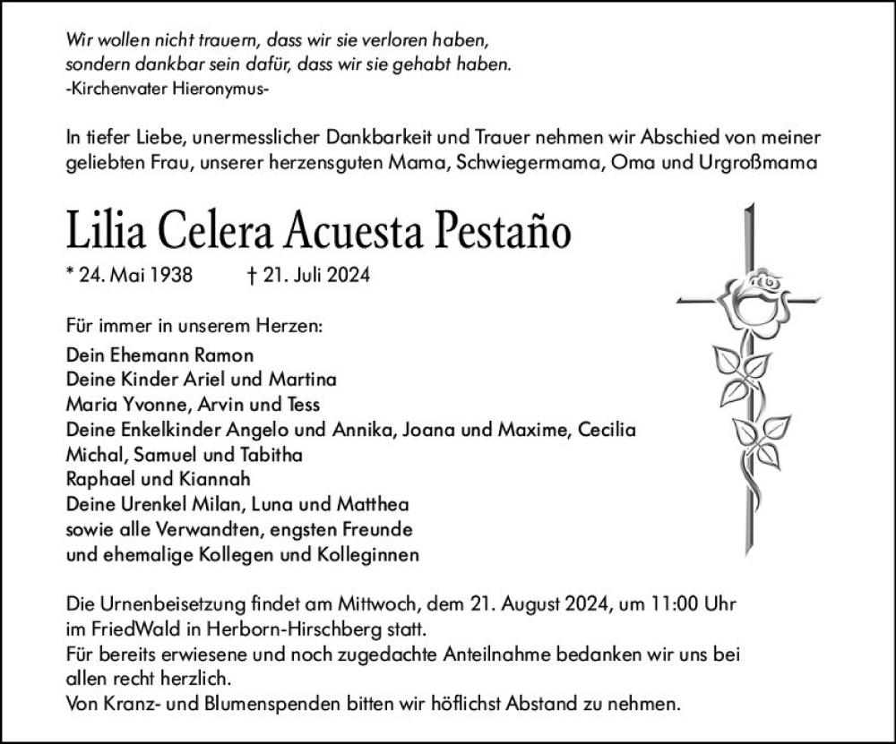  Traueranzeige für Lilia Celera Acuesta Pestano vom 14.08.2024 aus Dill Block