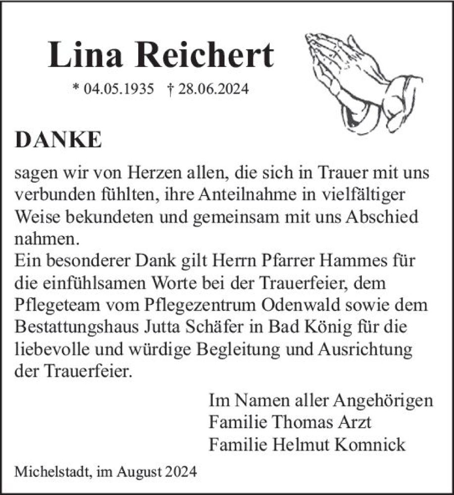  Traueranzeige für Lina Reichert vom 03.08.2024 aus Odenwälder Echo