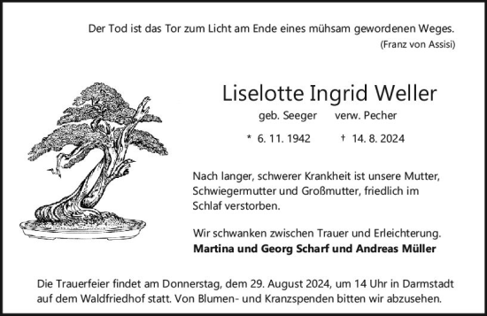 Traueranzeige von Liselotte  Weller von Darmstädter Echo