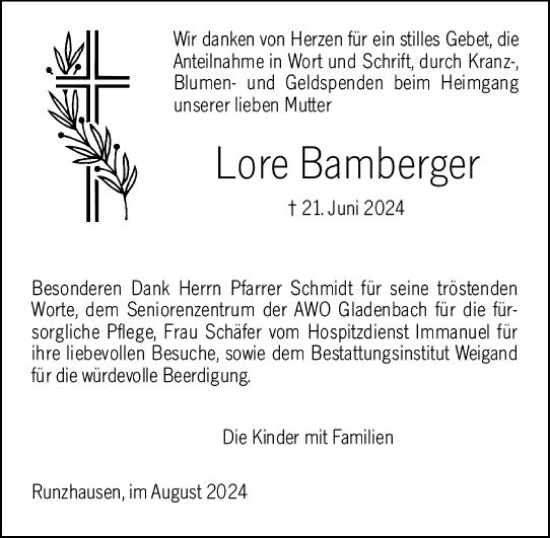 Traueranzeige von Lore Bamberger von Hinterländer Anzeiger