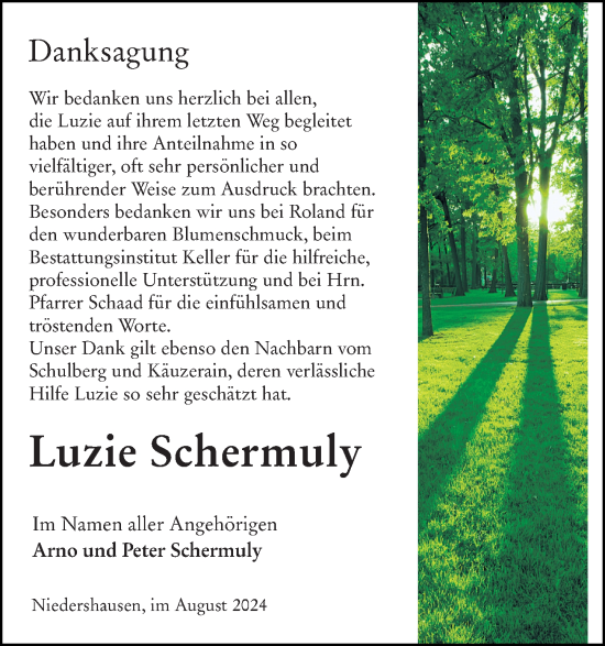 Traueranzeige von Luzie Schermuly von Weilburger Tageblatt