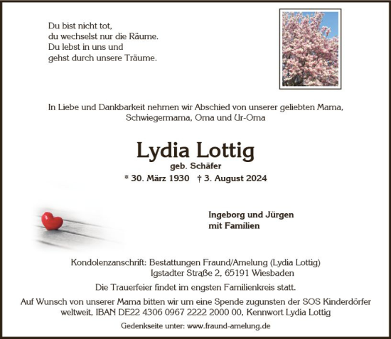 Traueranzeige von Lydia Lottig von Wiesbadener Kurier