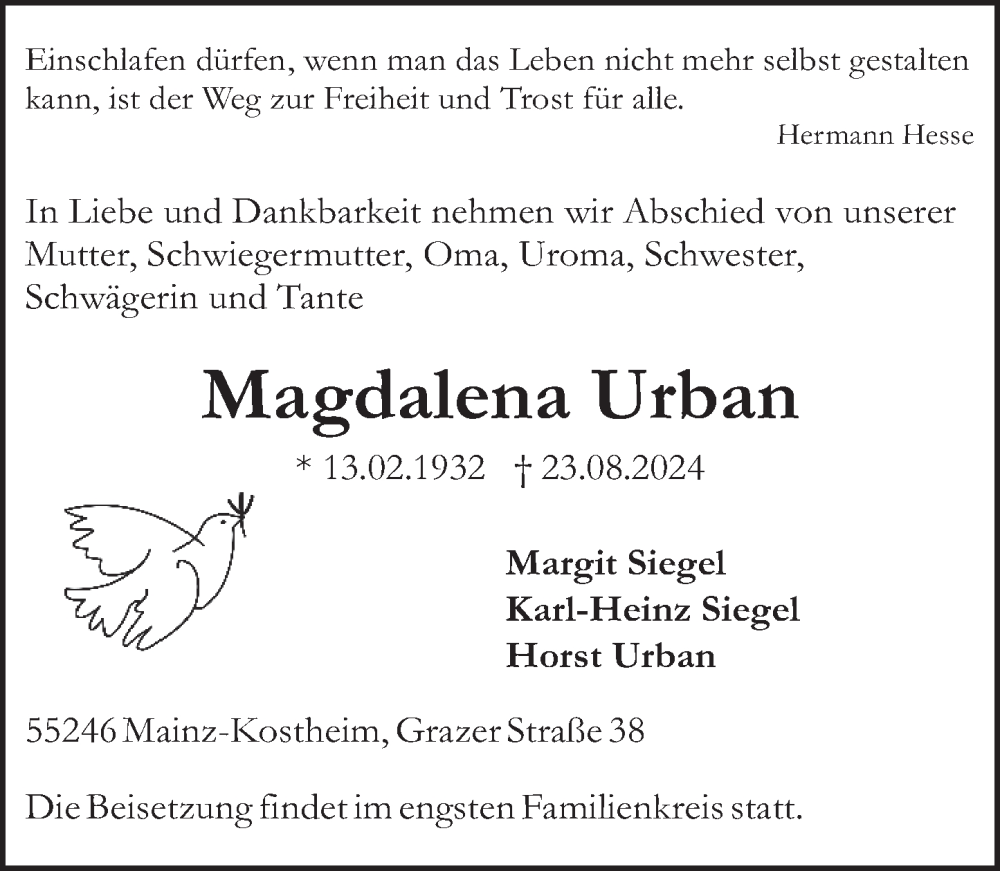  Traueranzeige für Magdalena Urban vom 31.08.2024 aus Allgemeine Zeitung Mainz
