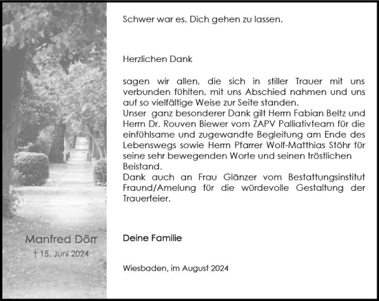 Traueranzeige von Manfred Dörr von Wiesbadener Kurier